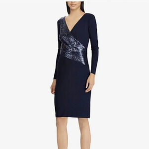 Ralph Lauren Sequined Panel Jersey Stretch Dress Navy Blue Long Sleeve Lined 2